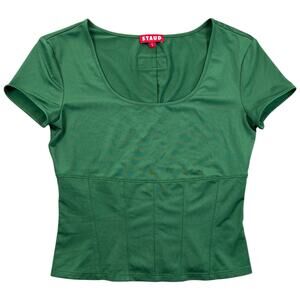 STAUD Sample Green Corset Seam Fitted Crop Top Short Sleeve S